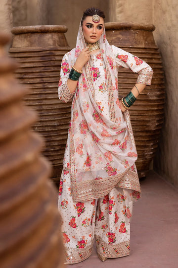 CHARIZMA-3PC SHAMOZE SILK PRINTED EMB SHIRT WITH SOFT SILK PRINTED EMB DUPATTA & EMB TROUSER DPC-1707