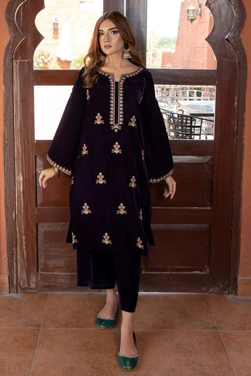 URGE - 2PC VELVET HEAVT EMBROIDERED SHIRT WITH VELEVT EMBROIDERED SLEEVES & VELVET TROUSER-DPC-D22 MICROO 9000