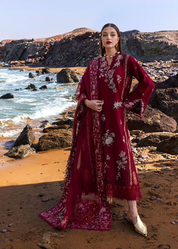 CRIMSON-3PC DHANAK EMBROIDERED SHIRT WITH DHANAK EMBROIDERED DUPATTA AND TROUSER -DPC-98