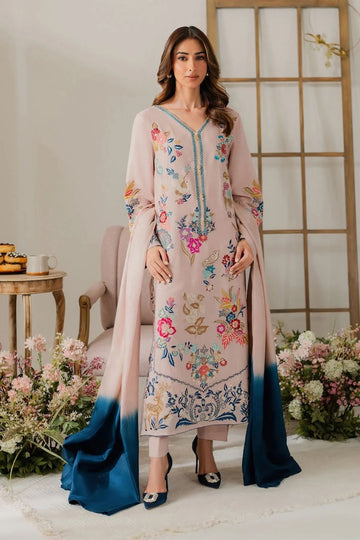 VINTAGE-3PC DHANAK EMBROIDERED SHIRT WITH TYE & DYE CHIFFON DUPATTA AND TROUSER-DPC-4314