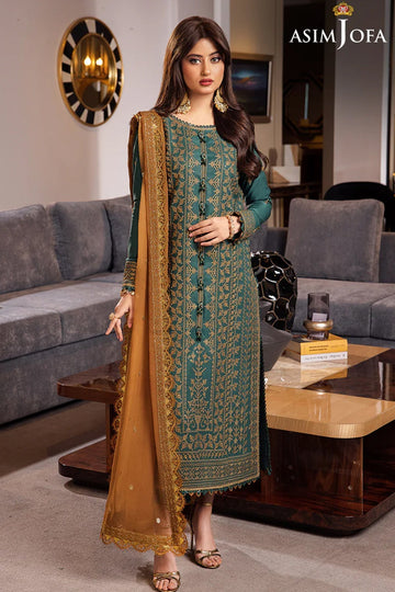 ASIM JOFA-3PC DHANAK EMBROIDERED SHIRT WITH DHANAK EMBROIDERED DUPATTA AND TROUSER -DPC-4153