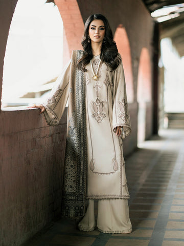 IZEL-3PC DHANAK EMBROIDERED SHIRT WITH COURTRAI PRINTED SHAWL AND TROUSER-DPC-101