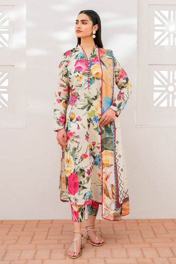 BAROUQE-3PC KARANDI PRINTED SHIRT WITH KARANDI PRINTED DUPATTA AND TROUSER-DPC-2585