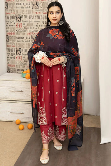 URGE-3PC DHANAK EMBROIDERED SHIRT WITH COUTRAI PRINTED SHAWL AND EMB TROUSER-DPC-4059