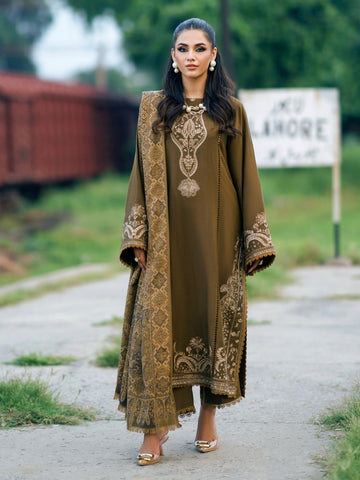 IZEL-3PC DHANAK EMBROIDERED SHIRT WITH COURTRAI PRINTED SHAWL & TROUSER-DPC-105
