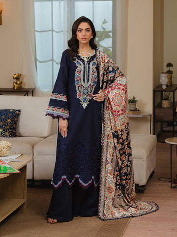 MAHNUR-3PC DHANAK LASER CUT EMB SHIRT WITH KASHMIRI WOOL SHAWL & TROUSER-DPC-99