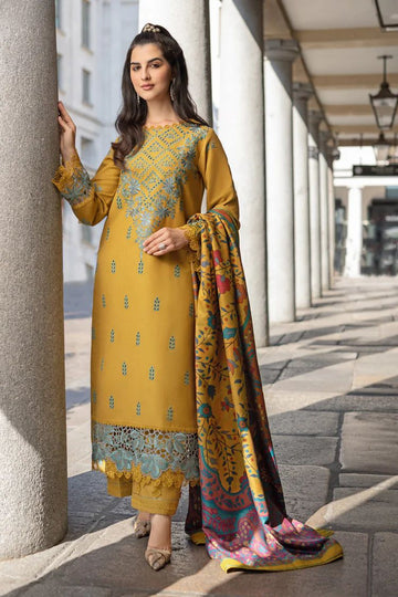 RANG RASIYA-3PC DHANAK EMBROIDERED SHIRT WITH COURTRAI PRINTED SHAWL AND TROUSER-DPC-4159