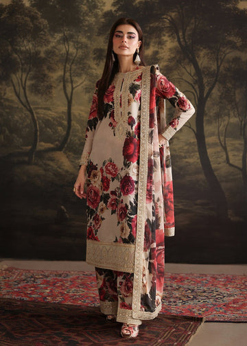 ZAINAB CHOTANI-3PC SHAMOZE SILK PRINTED EMBROIDERED SHIRT WITH SOFT SILK PRINTED EMB DUPATTA & EMB TROUSER DPC-3001