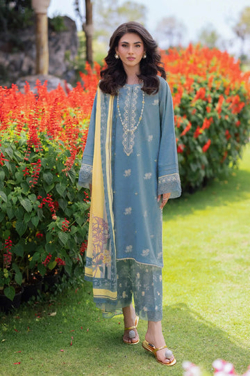 EDENROBE-3PC DHANAK EMBROIDERED SHIRT WITH PRINTED WOOL SHAWL AND TROUSER-DPC-37