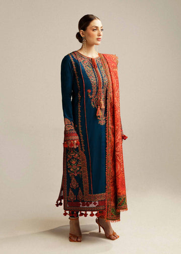 HUSSAIN REHAR-3PC DHANAK EMBROIDERED SHIRT WITH COURTRAI PRINTED SHAWL AND TROUSER-DPC- 111