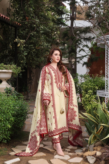 ASIM JOFA-3PC DHANAK EMBROIDERED SHIRT WITH DHANAK EMBROIDERED SHAWL & TROUSER-DPC-121