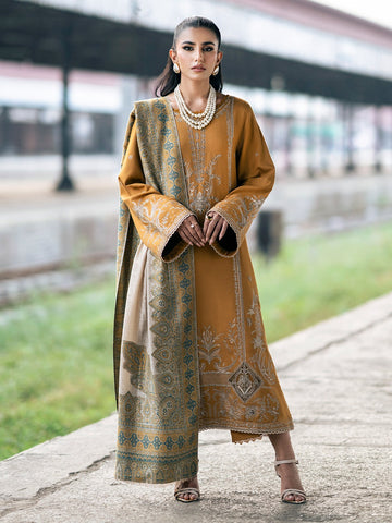IZEL-3PC DHANAK EMBROIDERED SHIRT WITH COUTRAI PRINTED SHAWL & TROUSER-DPC-4129