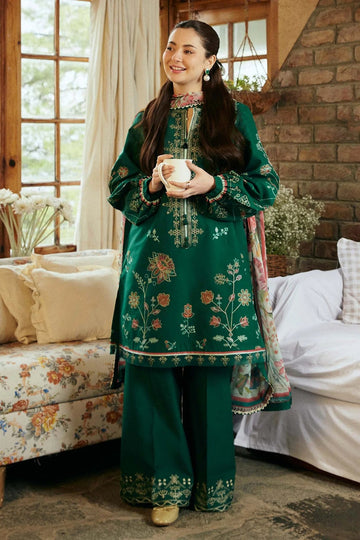 ZARA SHAH JAHAN-3PC DHANAK EMBROIDERED SHIRT WITH COUTRAI PRINTED SHAWL & EMB TROUSER-DPC-25