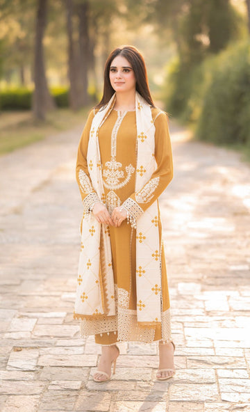 LIBAAS-3PC DHANAK EMBROIDERED SHIRT WITH DHANAK EMBROIDERED SHAWL AND TROUSER DPC-138