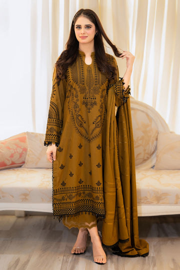 LIBAAS-3PC DHANAK EMBROIDERED SHIRT WITH DHANAK EMBROIDERED SHAWL & EMB TROUSER-DPC-15