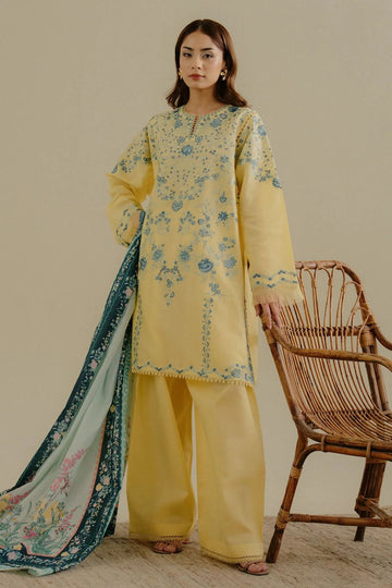 ZARASHAHJAHAN-3PC DHANAK EMBROIDERED SHIRT WITH COURTRAI WOOL PRINTED SHAWL AND TROUSER-DPC-4066
