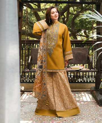 SAPPHIRE-3PC-DHANAK EMBROIDERED SHIRT WITH COUTRAI PRINTED SHAWL & DHANAK TROUSER-DPC-115