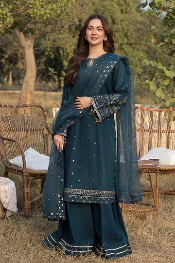 QALAMQAR-3PC DHANAK EMBROIDERED SHIRT WITH ORGANZA EMBROIDERED DUPATTA AND EMB TROUSER-DPC-20
