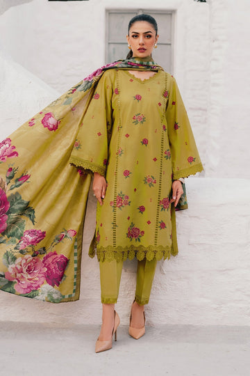 BAROQUE-3PC DHANAK EMBROIDERED SHIRT WITH COURTRAI PRINTED SHAWL AND TROUSER-DPC-100
