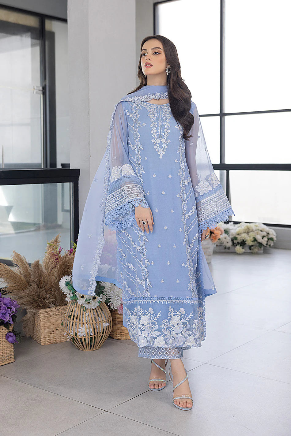 AZURE - 3PC ORGANZA EMBROIDERED SHIRT WITH ORGANZA EMBROIDERED DUPATTA AND EMB TROUSER-3549