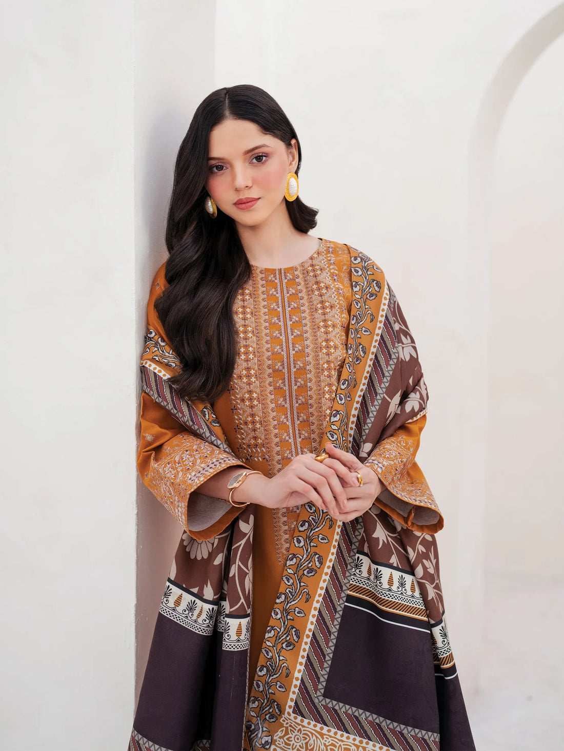 GARNET-3PC DHANAK EMBROIDERED SHIRT WITH COURTRAI PRINTED SHAWL AND TROUSER-DPC-4201