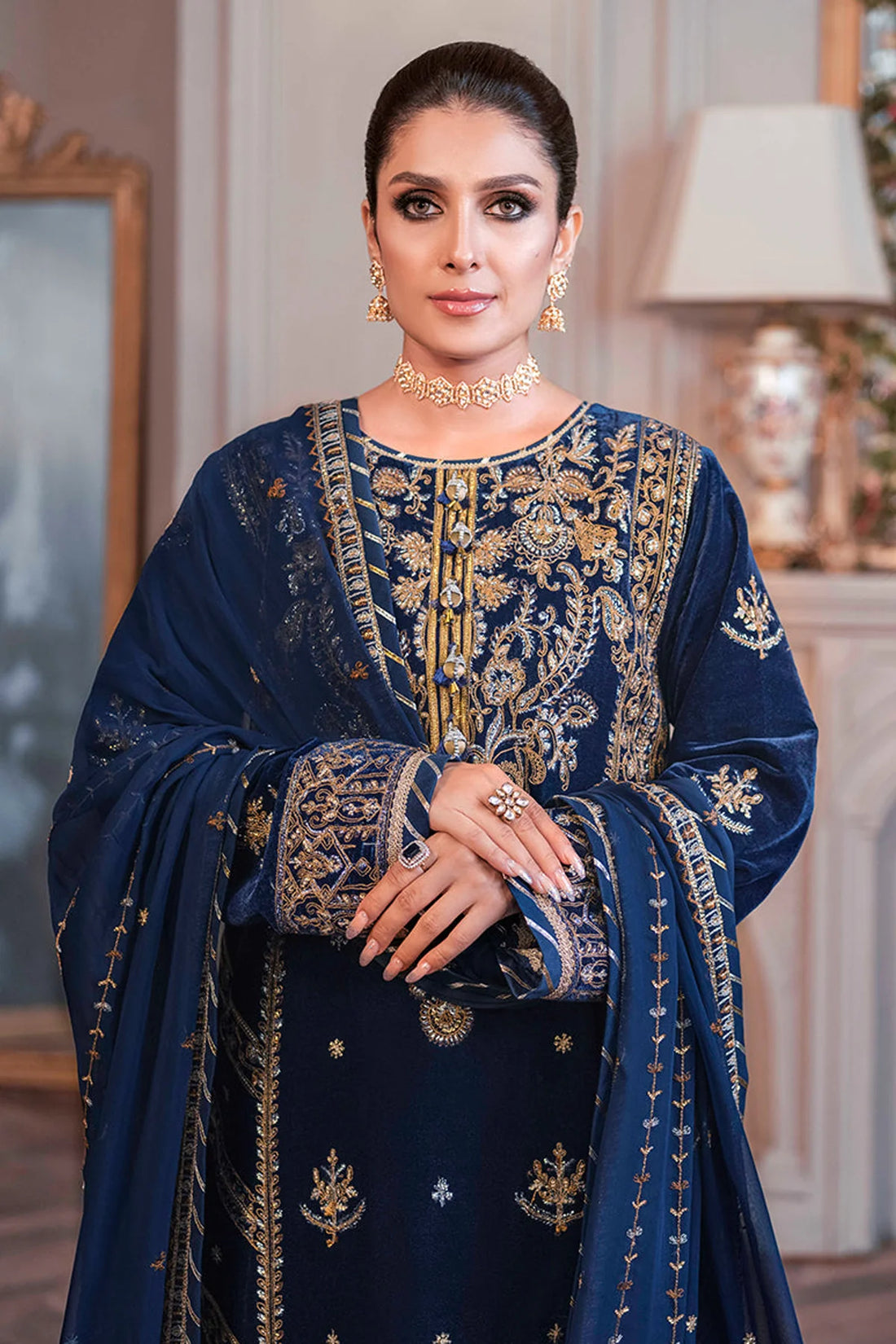 ASIM JOFA-3PC VELVET EMBROIDERED SHIRT WITH CHIFFON EMBROIDERED DUPATTA & TROUSER-DPC-4311