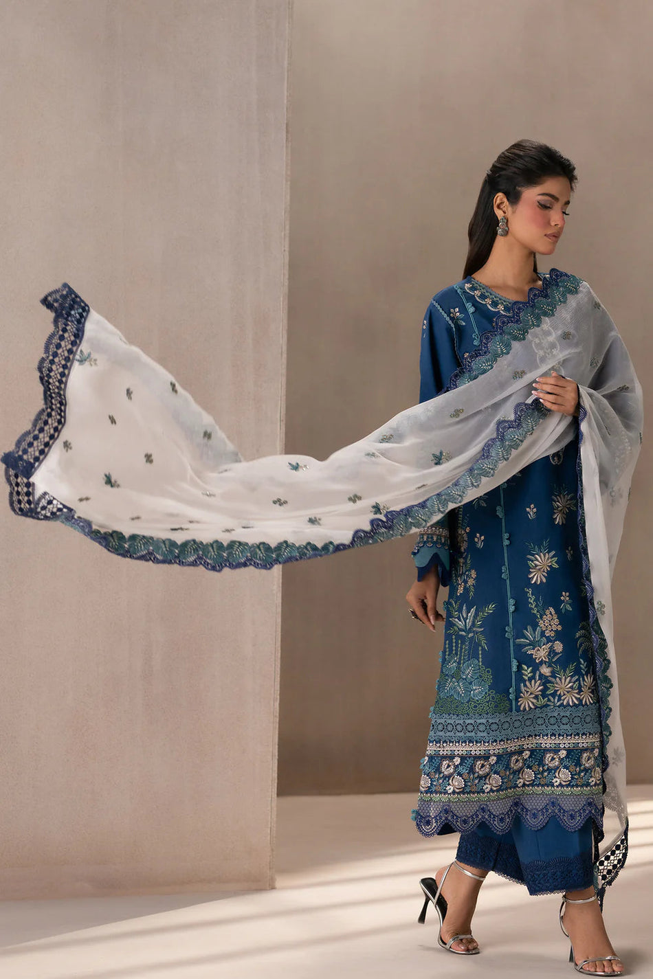 ETHNIC-3PC DHANAK HEAVY EMBROIDERED SHIRT WITH COTTON NET EMBROIDERED DUPATTA AND EMB TROUSER-DPC-4220