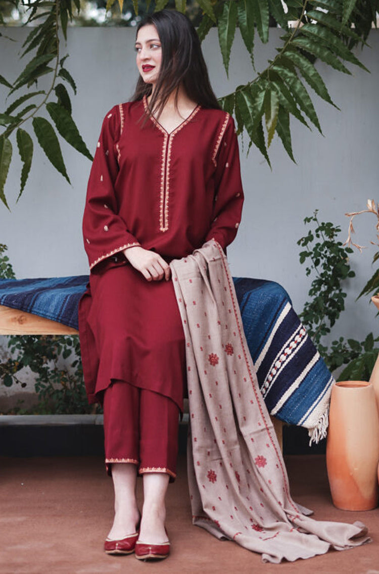 AiSLING-3PC DHANAK EMBROIDERED SHIRT DHANAK EMBROIDERED SHAWL AND EMB TROUSER-DPC-4237