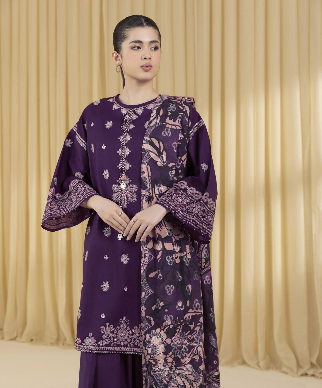 SAPPHIRE-3PC DHANAK EMBROIDERED SHIRT WITH DHANAK EMBROIDERED SHAWL AND EMB TROUSER-DPC-152