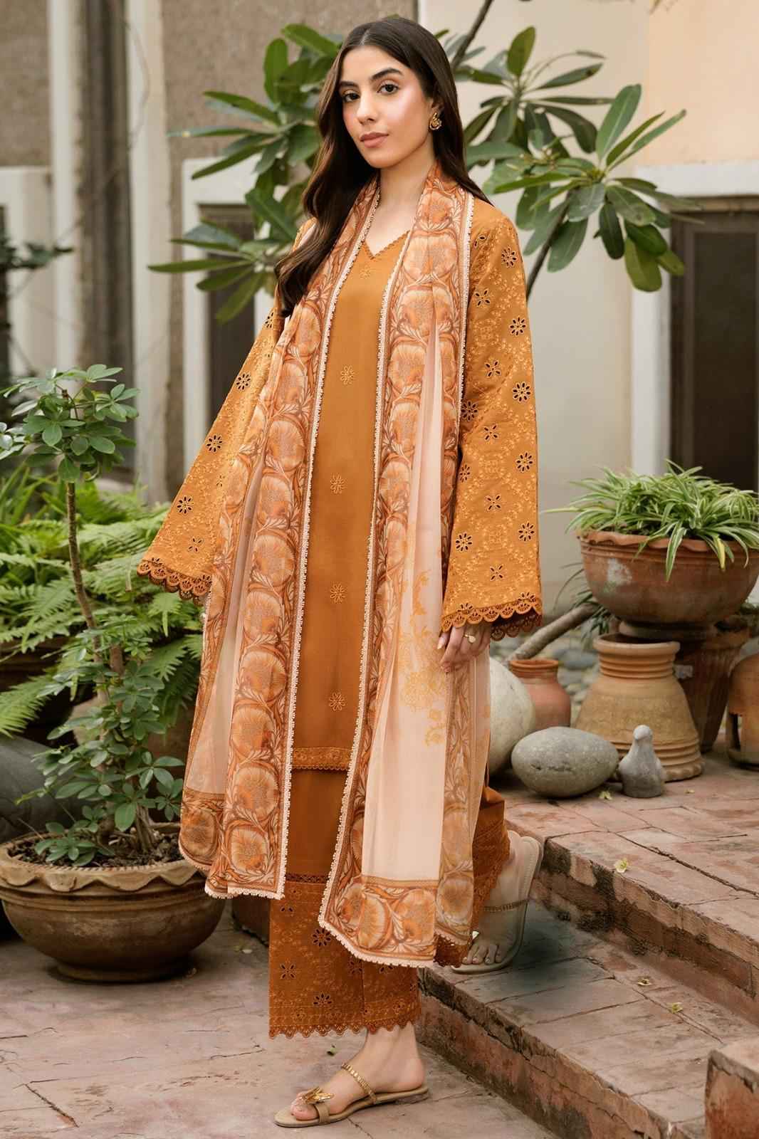 LAZULI-3PC DHANAK EMBROIDERED SHIRT WITH COURTRAI PRINTED SHAWL AND EMB TROUSER-DPC-197