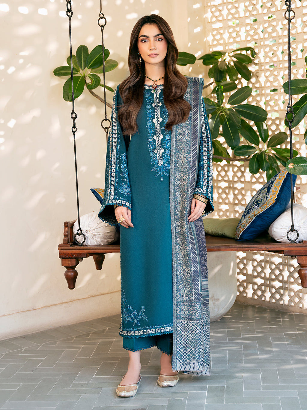 IZEL-3PC DHANAK EMBROIDERED SHIRT WITH COURTRAI PRINTED SHAWL & TROUSER-DPC-4387