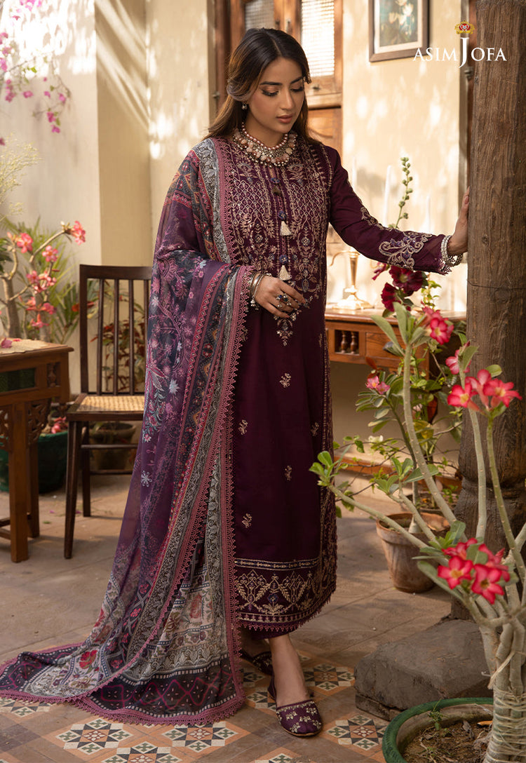 ASIM JOFA-3PC DHANAK EMBROIDRED SHIRT WITH COURTRAI PRINTED SHAWL AND TROUSER-DPC-4252