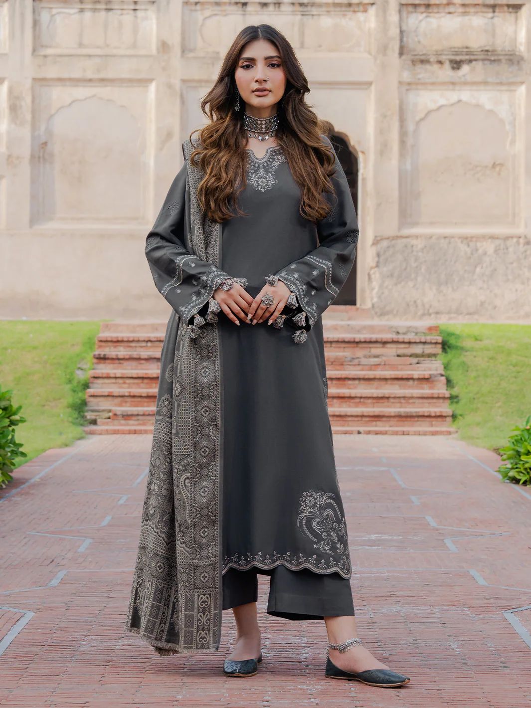 IZEL-3PC DHANAK EMBROIDERED SHIRT WITH COURTRAI PRINTED SHAWL & TROUSER-DPC-4359