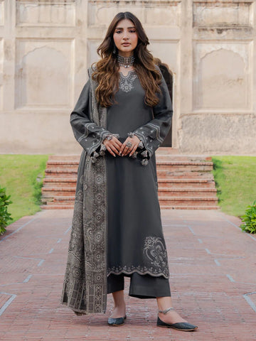 IZEL-3PC DHANAK EMBROIDERED SHIRT WITH COURTRAI PRINTED SHAWL & TROUSER-DPC-4359