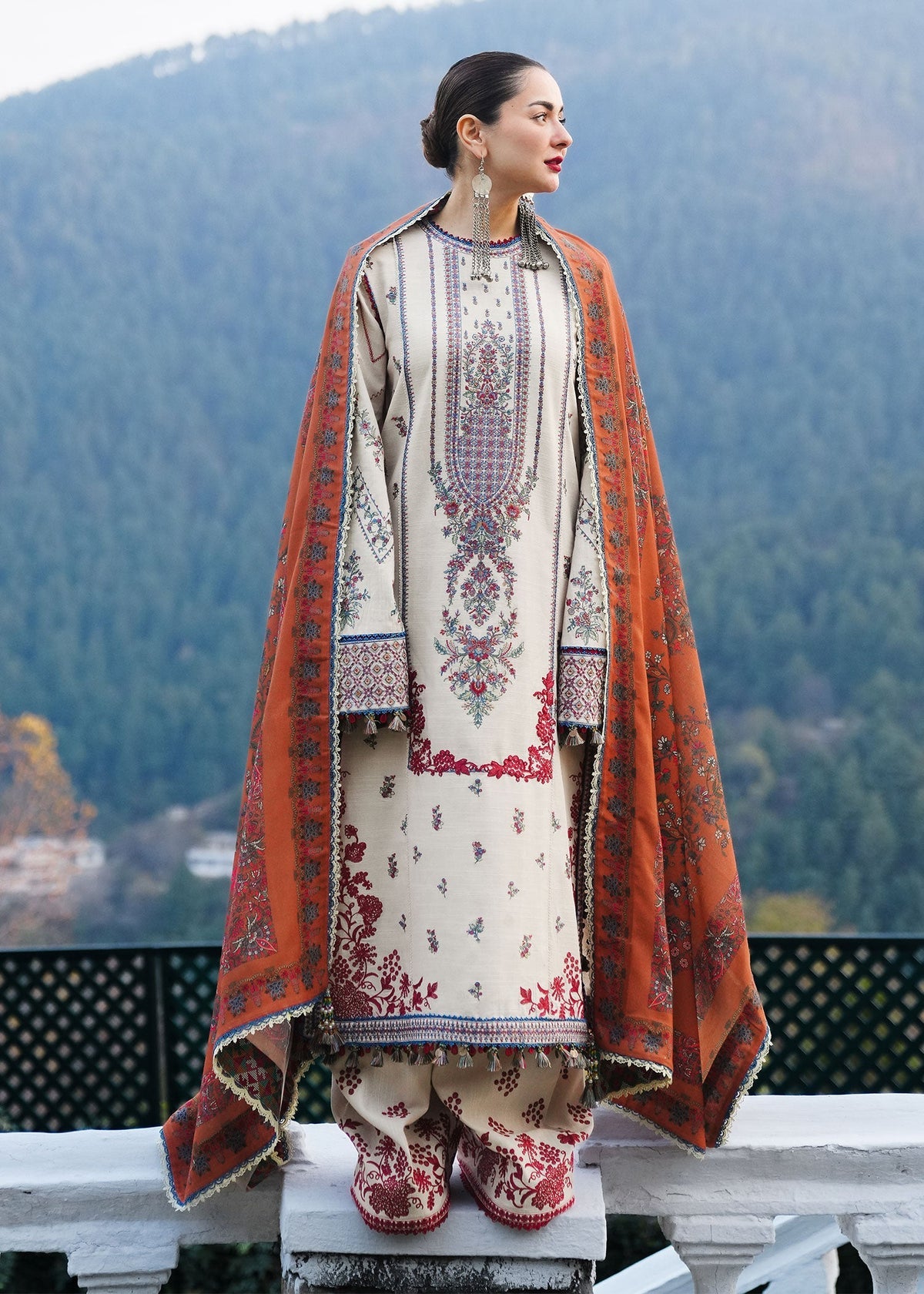 HUSSAIN REHAR-3PC DHANAK EMBROIDERED SHIRT WITH COURTRAI PRINTED SHAWL AND TROUSER-DPC-4260