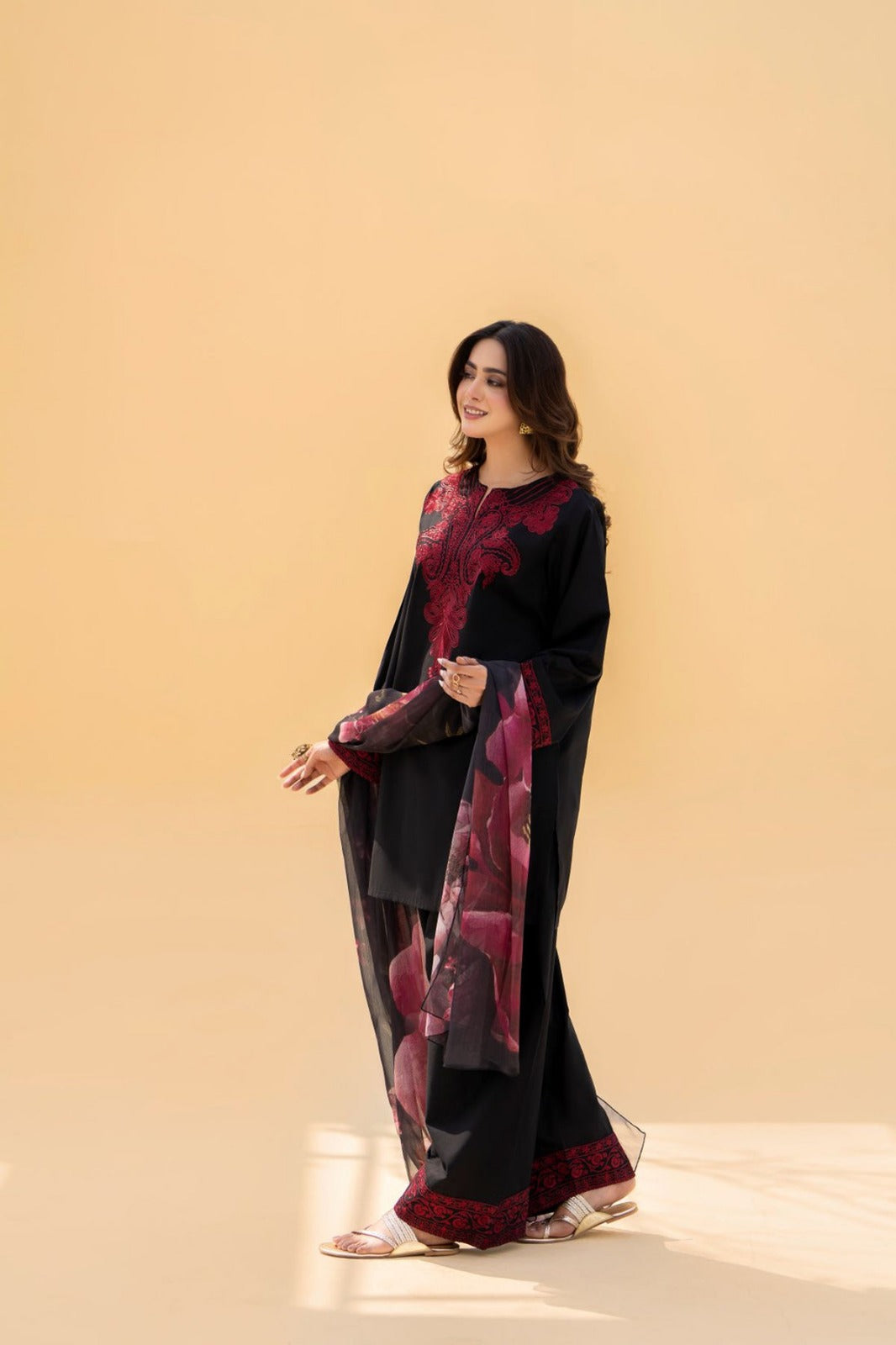 BAROQUE-3PC DHANAK EMBROIDERED SHIRT WITH COURTRAI PRINTED SHAWL AND TROUSER-DPC-182