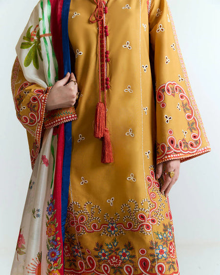 HUSSAIN REHAR - 3PC LAWN HEAVY EMBROIDERED SHIRT WITH MONARK PRINTED DUPATTA AND EMB TROUSER-DPC-3799