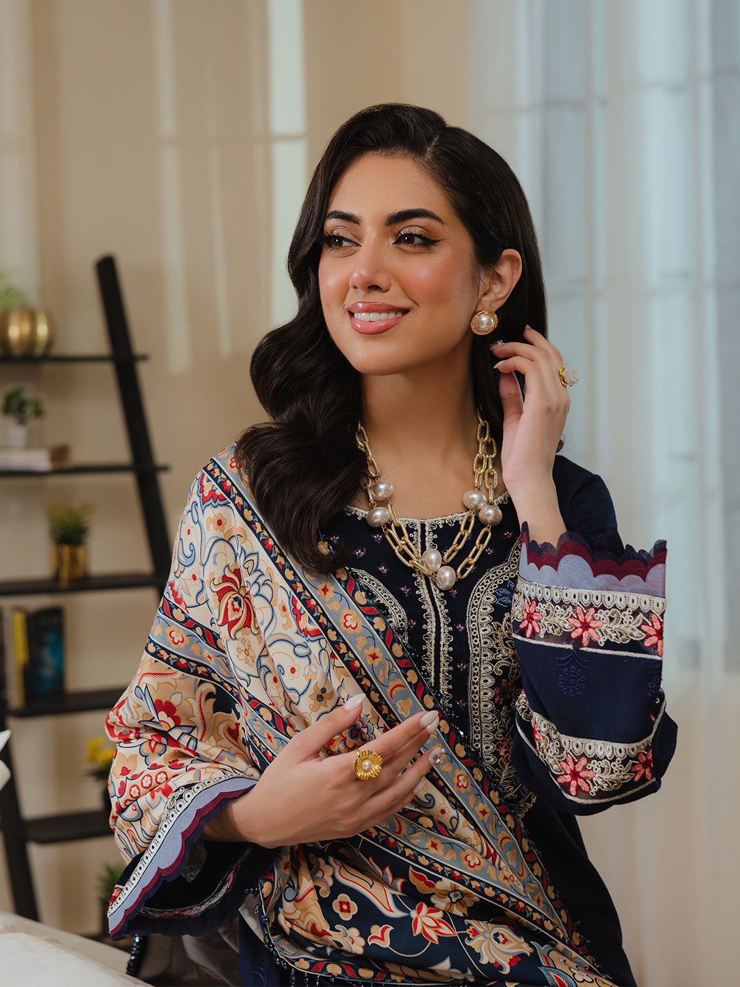 MAHNUR-3PC DHANAK LASER CUT EMB SHIRT WITH KASHMIRI WOOL SHAWL & TROUSER-DPC-99
