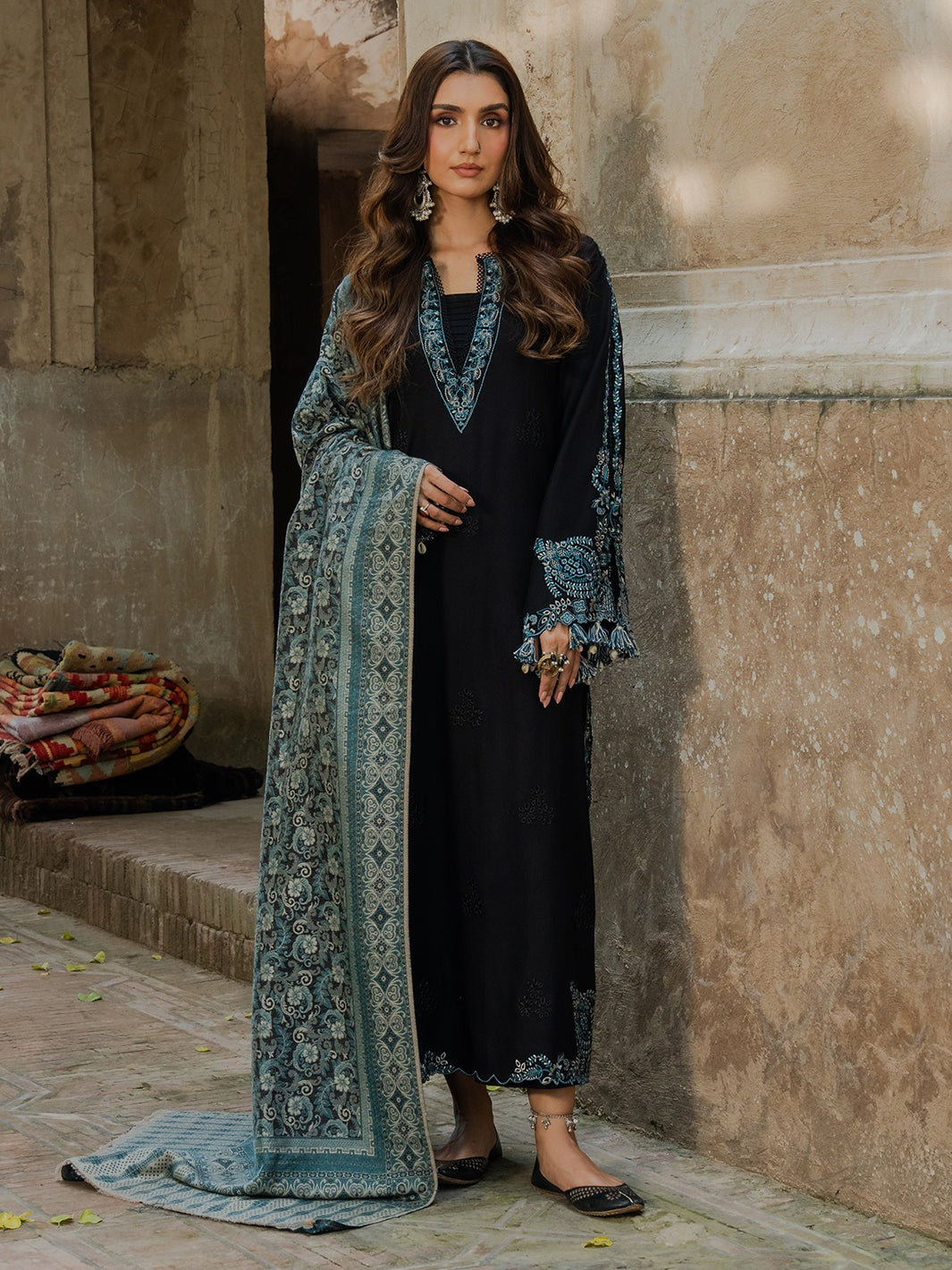 IZEL-3PC DHANAK EMBROIDERED SHIRT WITH COURTRAI PRINTED SHAWL & TROUSER-DPC-162