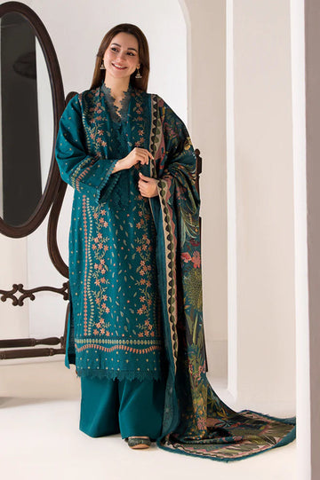 SOBIA NAZIR-3PC DHANAK EMBROIDERED SHIRT WITH COUTRAI PRINTED SHAWL AND TROUSER-DPC-4037