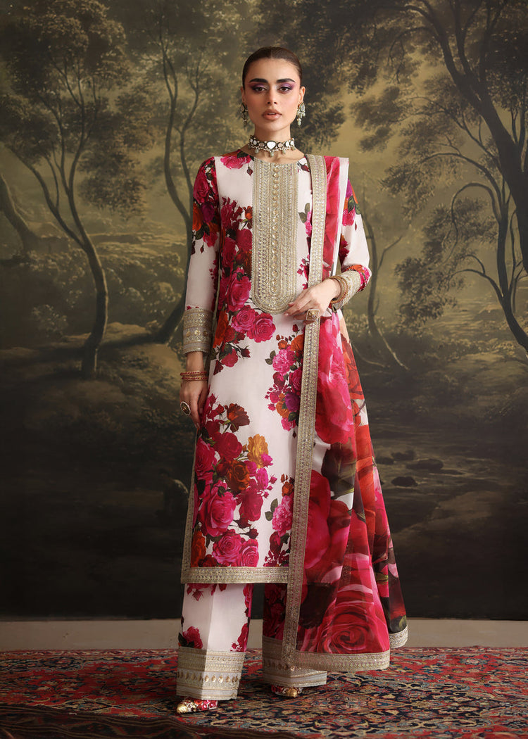 ZAINAB CHOTANI-3PC SHAMOZE SILK PRINTED EMBROIDERED SHIRT WITH SOFT SILK PRINTED EMB DUPATTA & EMB TROUSER DPC-1722