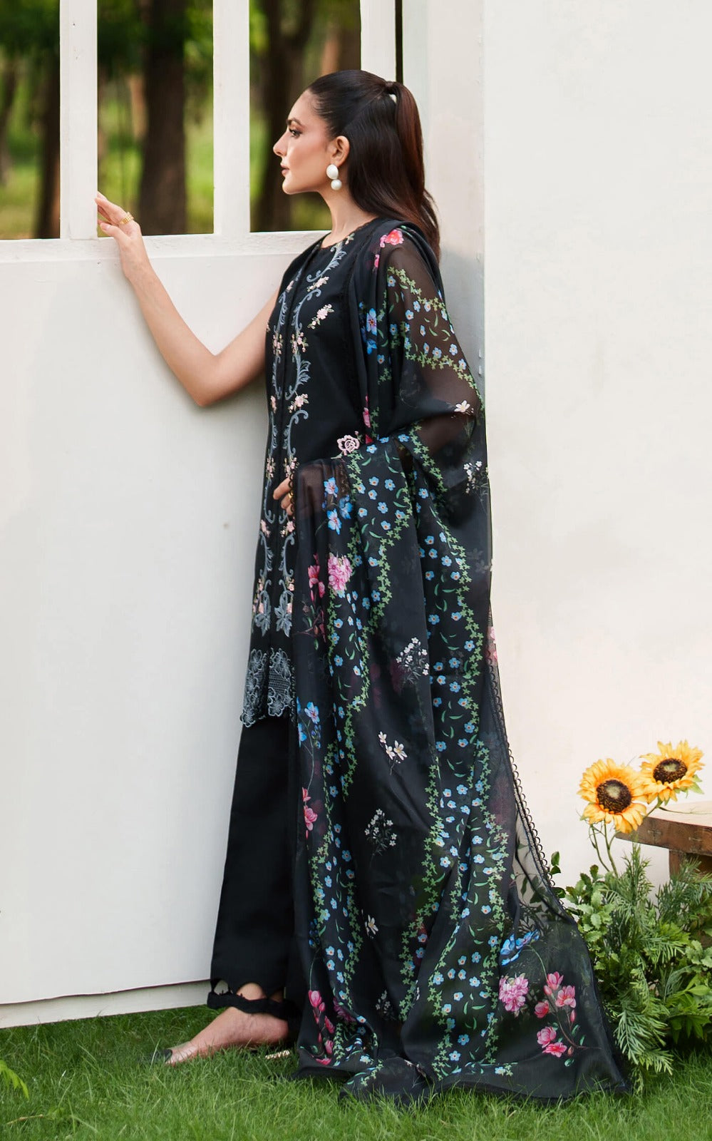 ASIFA NABEEL- 3PC DHANAK EMBROIDERED SHIRT WITH COURTRAI PRINT SHAWL AND EMB TROUSER-DPC-143