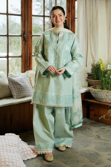 ZARA SHAH JAHAN-3PC DHANAK EMBROIDERED SHIRT WITH COUTRAI WOOL PRINTED SHAWL AND EMB TROUSER-DPC-4112
