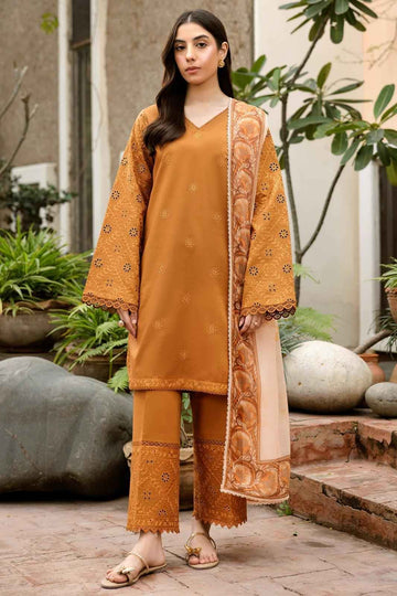 LAZULI-3PC DHANAK EMBROIDERED SHIRT WITH COURTRAI PRINTED SHAWL AND EMB TROUSER-DPC-197
