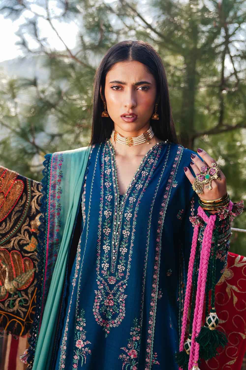 HUSSAIN REHAR-3PC DHANAK EMBROIDERED SHIRT WITH COURTRAI PRINTED SHAWL AND TROUSER-DPC-4296