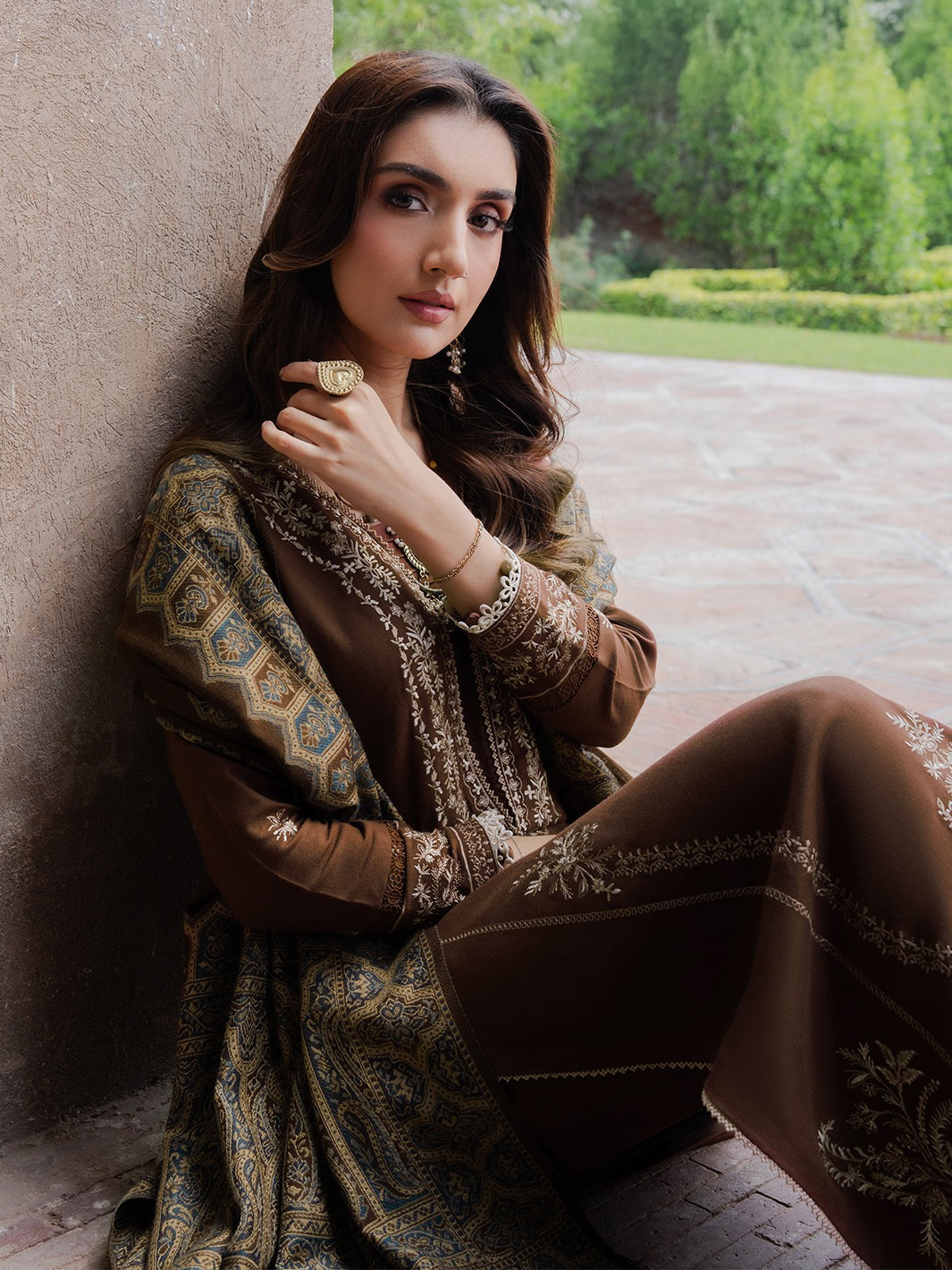 JAZMIN-3PC DHANAK EMBROIDERED SHIRT WITH COURTRAI PRINTED SHAWL & TROUSER-DPC-153