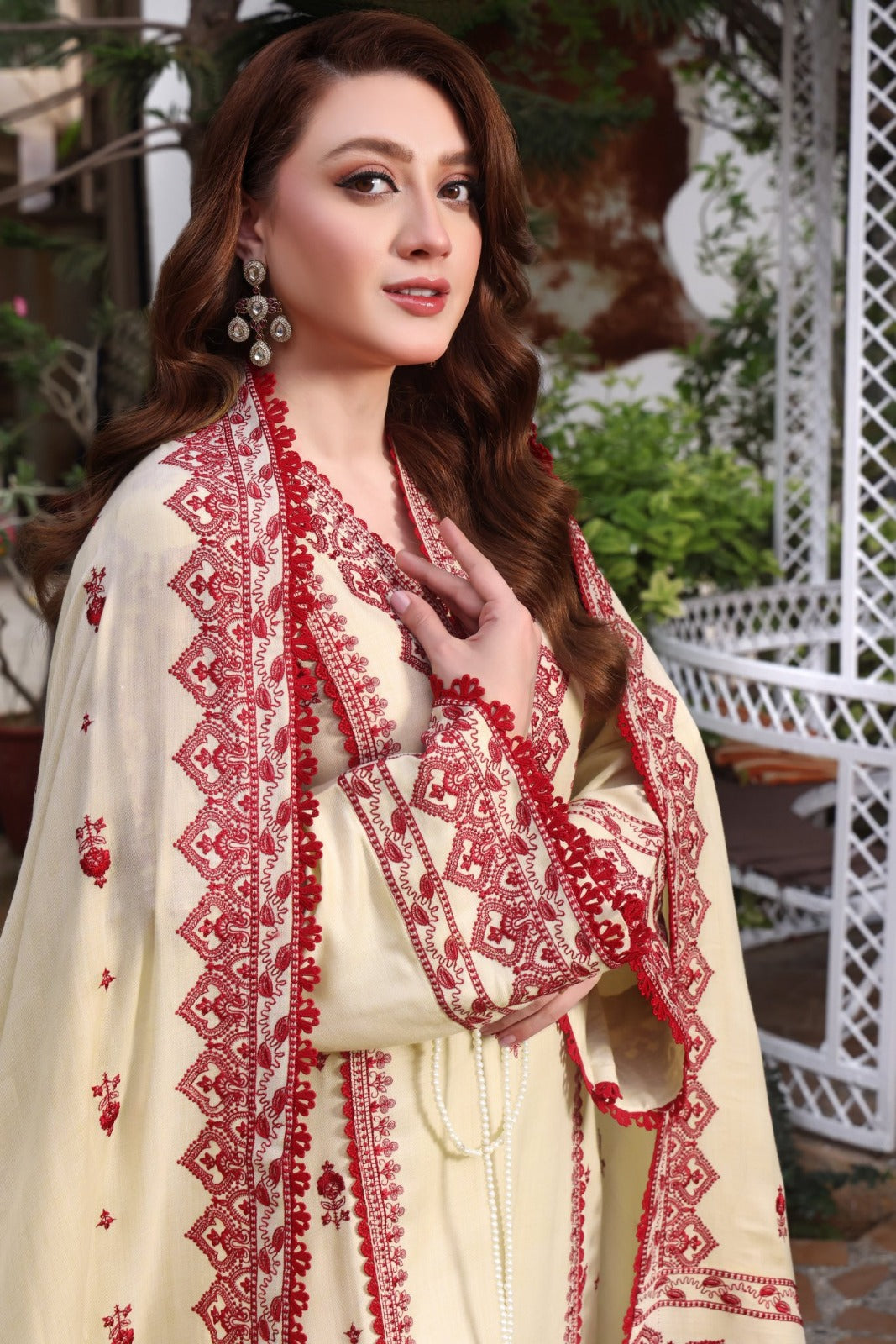 ASIM JOFA-3PC DHANAK EMBROIDERED SHIRT WITH DHANAK EMBROIDERED SHAWL & TROUSER-DPC-121