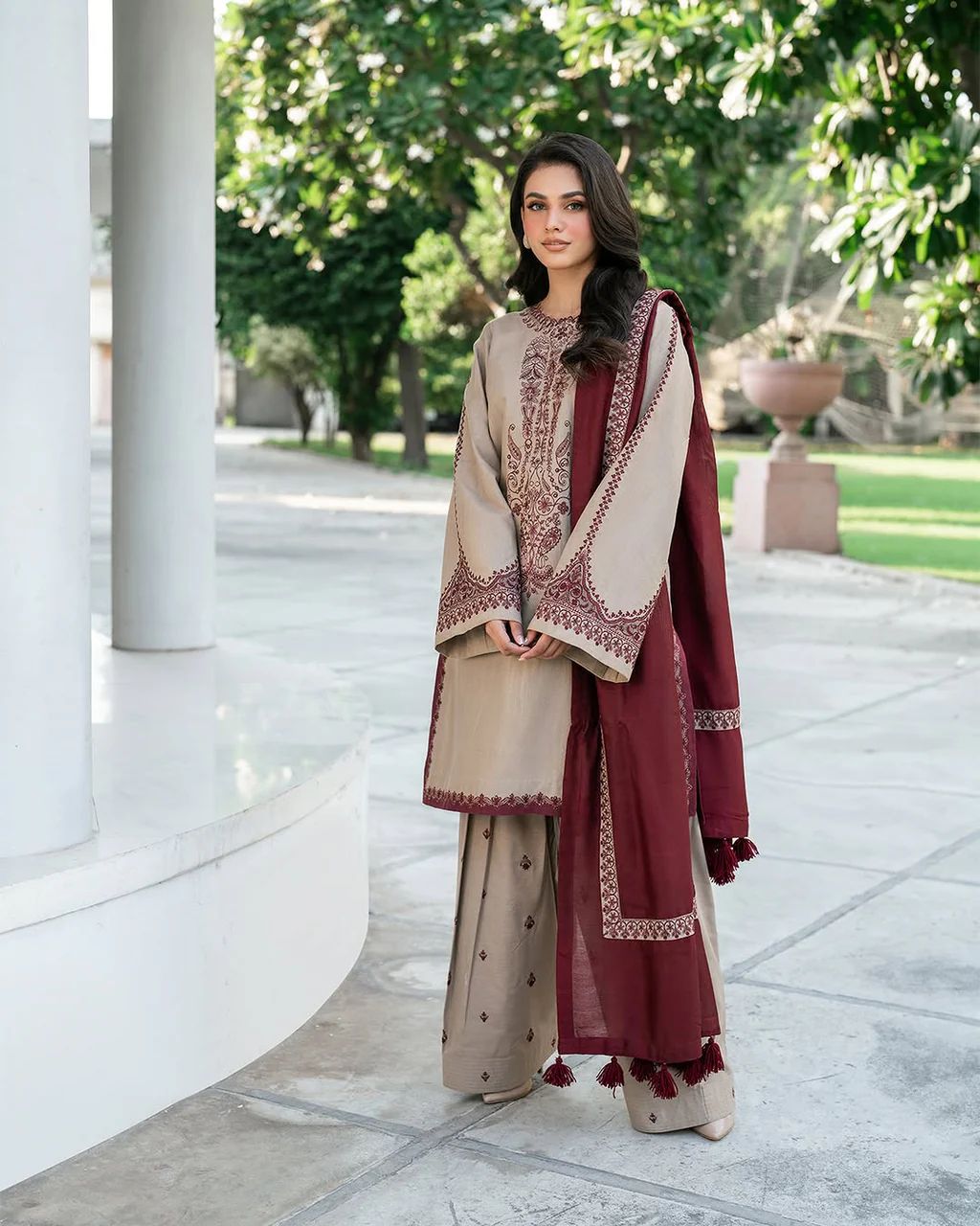 BAROQUE-3PC DHANAK EMBROIDERED SHIRT WITH DHANAK EMBROIDERED SHAWL AND EMB TROUSER-DPC-4320