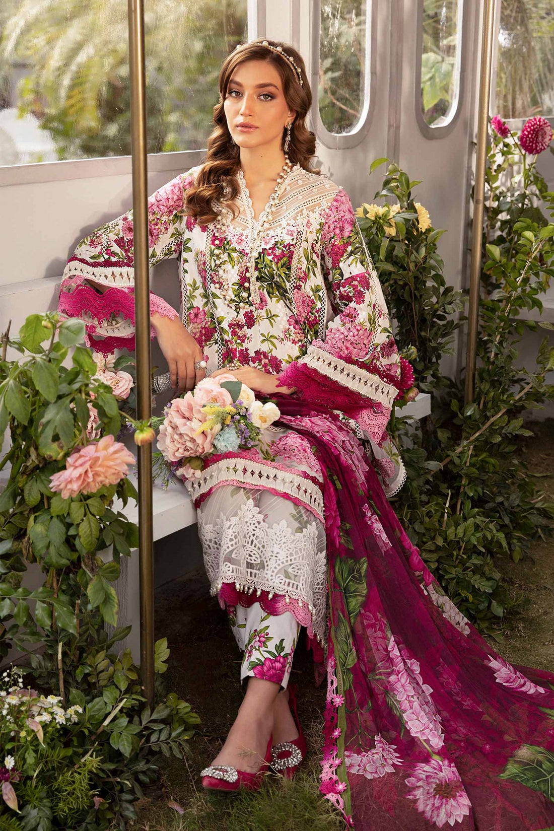 MARIA.B-3PC LAWN PRINTED EMB SHIRT WITH CHIFFON PRINT DUPATTA AND PRINT TROUSER-DPC-2529