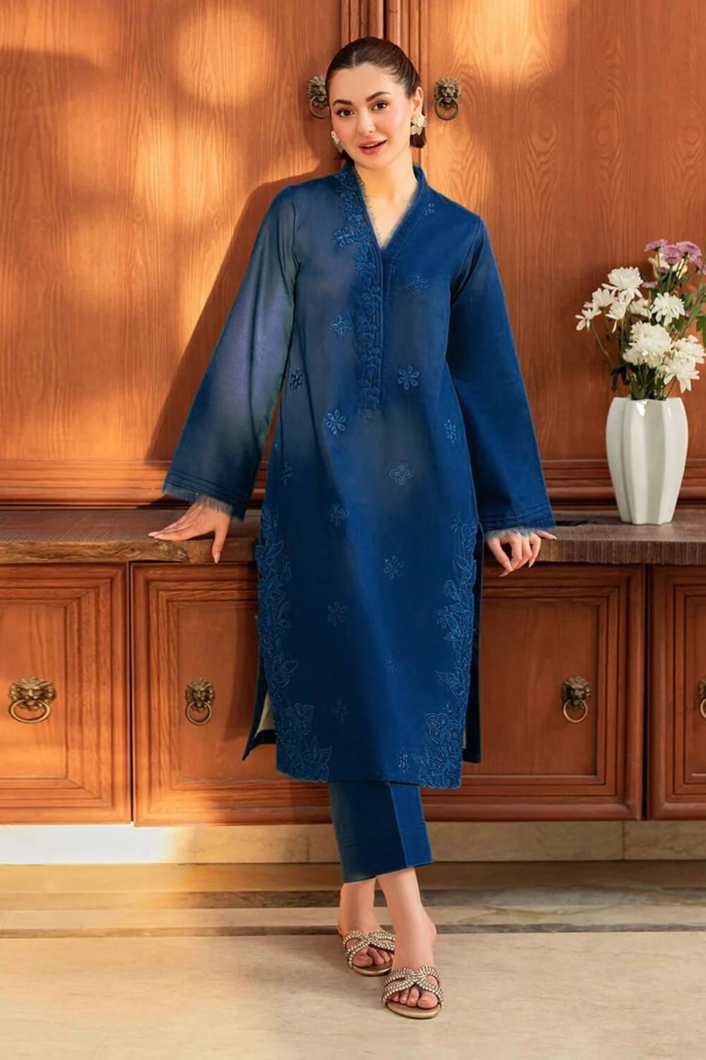 TAWAKAL-2PC DHANAK EMBROIDRED SHIRT WITH DHANAK EMBROIDRED SLEEVES-DPC-2009